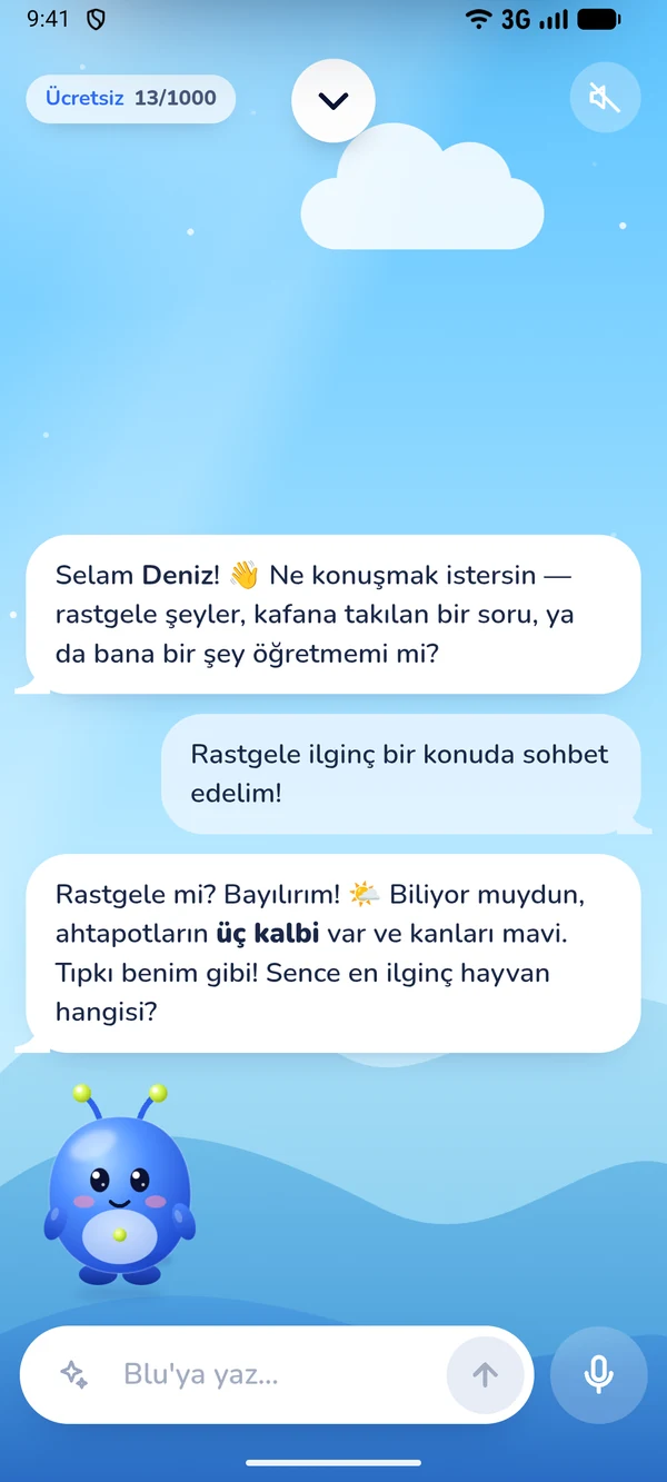 BLUE AI mobil uygulamasında Blu ile sohbet ekranı